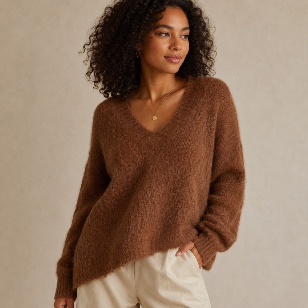 Religion London Brown Mohair Wool Blend V-Neck Cable Knit Sweater Size M